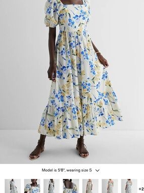 Express Floral Puff-Sleeve Maxi Dress in Blue & Yellow